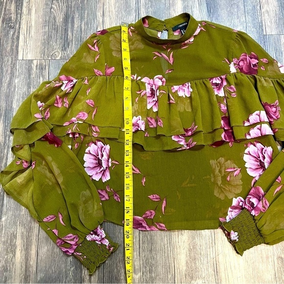Forever 21 Green Floral Sheer Long Sleeves Ruffled Top Mock Neck Size S - Picture 8 of 13